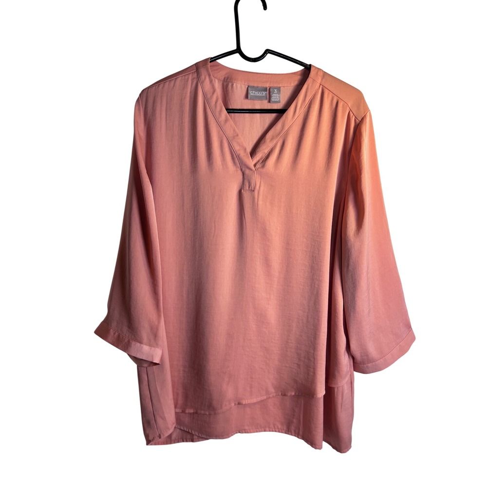 Chico's Blouse Size 3 Pink Layered Hem V-Neck 3/4 Sleeve Top Women